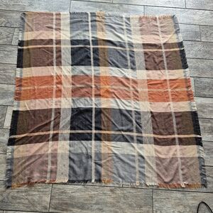 Boho Rust & Grey Tartan Check Blanket Scarf Oversized Square Fringe Wrap